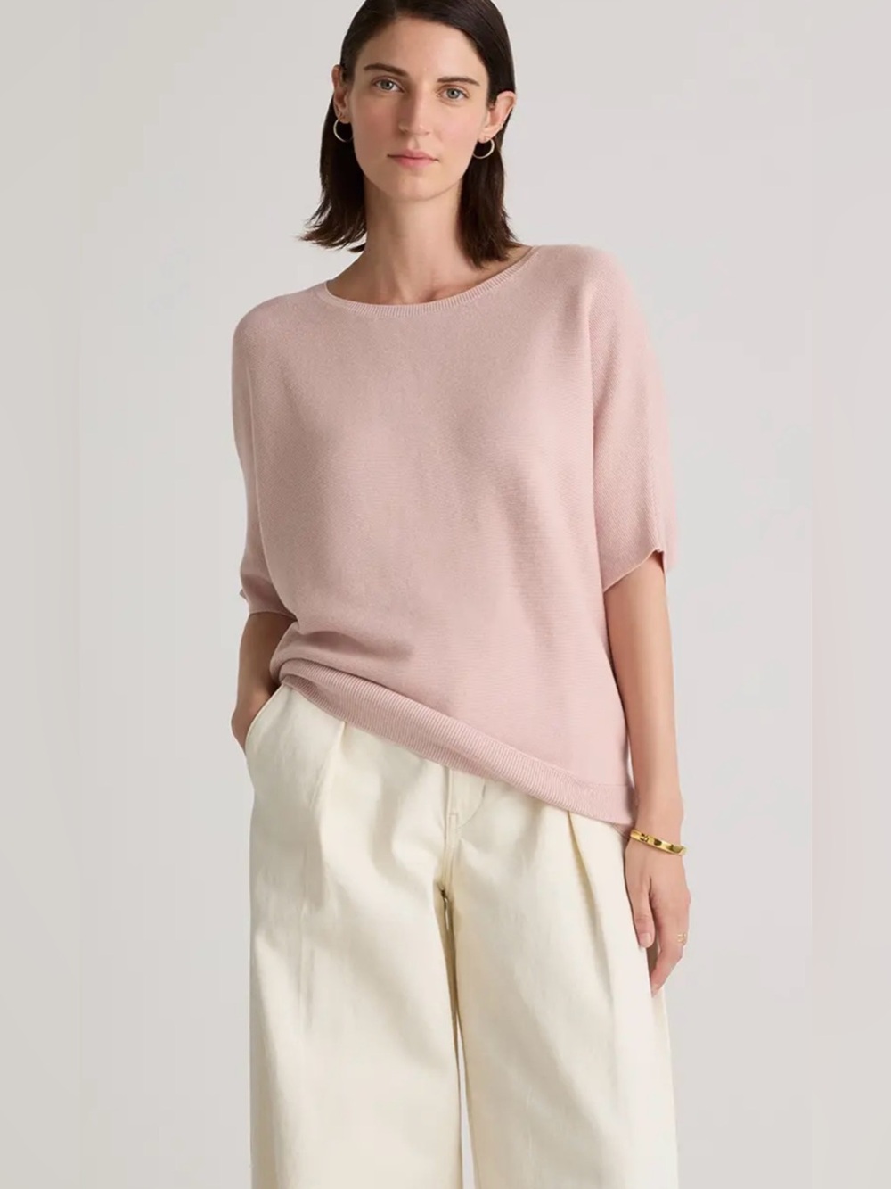 Quince Pale Pink Crewneck Short-Sleeve Knit Sweater Organic Cotton